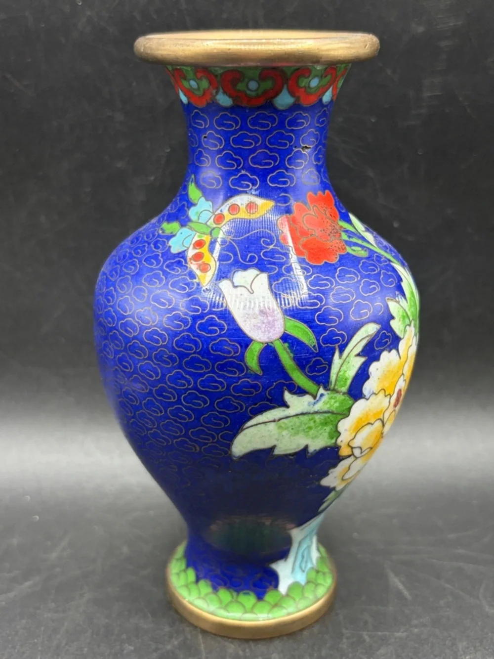 Vintage Butterfly Floral Blue Multicolor Cloisonne Vase Vessel Asian Arts Decor - Picture 2 of 10